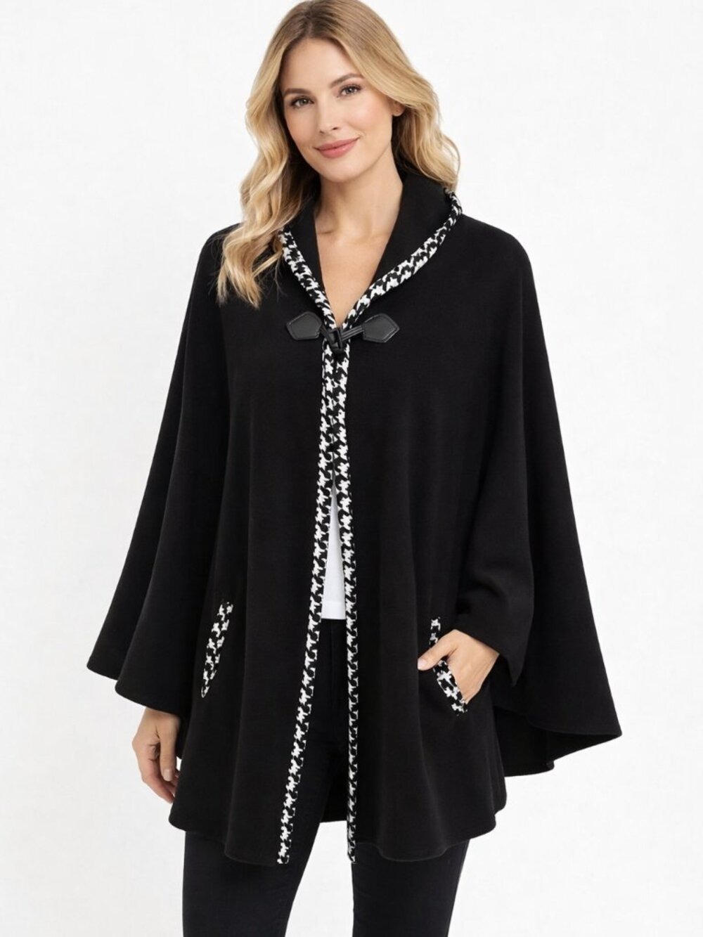 Le Moda Black Hooded Midi Cape w/ Houndstooth Trim • One Size • Pockets